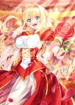  1girl :d absurdres ahoge blonde_hair blush breasts calzooone cleavage commentary_request epaulettes fate/extra fate_(series) flower green_eyes highres holding holding_flower large_breasts long_hair long_sleeves looking_at_viewer nero_claudius_(fate) nero_claudius_(fate)_(all) open_mouth petals red_flower red_rose rose smile solo standing teeth v 