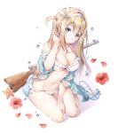  1girl bikini blonde_hair blush breasts cleavage collarbone commentary_request flower frilled_bikini frills girls_frontline gun hair_ornament hairband highres large_breasts long_hair looking_at_viewer miwabe_sakura navel open_mouth parted_lips petals sitting snowflake_hair_ornament solo starfish submachine_gun suomi_kp/-31 suomi_kp31_(girls_frontline) swimsuit wariza water_drop weapon white_bikini 