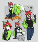  2019 2_tails anthro belt black_nose bottomwear bracelet canid canine clothed clothing collar digital_media_(artwork) ear_piercing ear_ring female fox fur green_fur hair headphones hi_res jacket jewelry leaf leaf_pile lukiri mammal multi_tail mutliple_tails open_mouth pants piercing purple_eyes red_hair shirt solo spiked_bracelet spiked_collar spikes tank_top teeth tongue topwear white_fur 