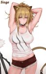  1girl animal_ears arknights armpits arms_behind_head arms_up bangs bare_shoulders blonde_hair blush breasts brown_shorts character_name closed_mouth collar collarbone cutoffs hair_between_eyes highres large_breasts lion_ears lion_tail long_hair looking_at_viewer midriff rosaline short_shorts shorts siege_(arknights) simple_background solo tail thighs white_background white_tank_top yellow_eyes 