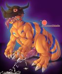  3_toes absurd_res bodily_fluids cum cumshot digimon digimon_(species) digitigrade dinosaur ejaculation erection genital_fluids greymon hi_res male muscular muscular_male orgasm patreon penis reptile scalie shadowpelt solo toes tongue tongue_out 