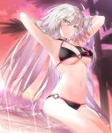  1girl ahoge armpits arms_behind_head arms_up bare_arms bare_shoulders bikini black_bikini blurry breasts brown_eyes cleavage depth_of_field dutch_angle fate/grand_order fate_(series) frown halter_top halterneck hayashi_kewi jeanne_d&#039;arc_(alter_swimsuit_berserker) jeanne_d&#039;arc_(fate)_(all) long_hair looking_at_viewer medium_breasts navel o-ring o-ring_bikini o-ring_bottom o-ring_top orange_sky palm_tree silver_hair sitting sky solo sparkle stomach sunset swimsuit thighs tree very_long_hair water 