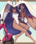  2girls absurdres animal_ears ass backboob bikini blush breasts character_request fate/grand_order fate_(series) food fruit ground_vehicle hair_between_eyes highres jackal_ears lying medium_breasts medjed motor_vehicle multiple_girls nitocris_(fate/grand_order) ohland on_stomach one-piece_swimsuit one_eye_closed purple_eyes purple_hair scooter sideboob strawberry swimsuit tan tanline the_pose 