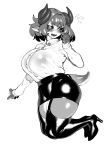  2019 animal_humanoid big_breasts black_and_white blush breasts clothed clothing dragon dragon_humanoid eigaka female footwear hair hi_res high_heels horn huge_breasts humanoid monochrome nina_(eigaka) shoes simple_background solo white_background 