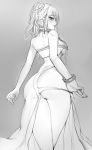  1girl absurdres ak-12_(girls_frontline) alternate_costume alternate_hairstyle ass back bare_shoulders bracelet breasts commentary earrings from_behind girls_frontline greyscale highres jewelry long_hair looking_at_viewer looking_back monochrome painteen sideboob solo standing 