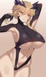  1girl areola_slip areolae armpit_cutout armpits artoria_pendragon_(all) artoria_pendragon_(lancer_alter) bare_arms bare_hips black_gloves black_leotard blonde_pubic_hair blush braid breasts center_opening circlet closed_mouth covered_nipples cowboy_shot expressionless fate/grand_order fate_(series) gloves gradient gradient_background grey_background groin hair_between_eyes highleg highleg_leotard highres large_breasts leotard long_hair navel nt00 pale_skin revision sidelocks solo stomach yellow_eyes 