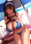  1girl ball bare_shoulders beach beach_umbrella beachball black_hair blue_eyes blurry blurry_background blush book breasts cleavage commentary_request day dearonnus hair_between_eyes hairband holding holding_book huge_breasts idolmaster idolmaster_cinderella_girls jewelry long_hair looking_at_viewer milk navel necklace open_mouth parted_lips revision sagisawa_fumika seiza sitting smile solo stomach swimsuit thighs umbrella 