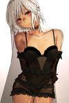  1girl altera_(fate) bare_legs bare_shoulders black_dress breasts choker closed_mouth commentary_request cowboy_shot dark_skin detached_sleeves dress fate/grand_order fate_(series) frills full_body_tattoo gradient gradient_background headdress highres i-pan red_eyes short_hair small_breasts strap tan tattoo veil white_hair 