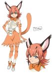  1girl amano_yoki animal_ear_fluff animal_ears bangs bare_shoulders blue_eyes boots bow bow_footwear bowtie caracal_(kemono_friends) caracal_ears caracal_tail center_frills commentary_request cross-laced_skirt elbow_gloves extra_ears eyebrows_visible_through_hair full_body gloves hand_on_hip high-waist_skirt kemono_friends looking_at_viewer multiple_views orange_bow orange_gloves orange_hair orange_legwear orange_neckwear orange_skirt shirt simple_background skirt sleeveless sleeveless_shirt smile solo thighhighs two-tone_gloves two-tone_legwear white_background white_gloves white_legwear white_shirt 