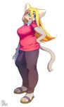  2018 anthro aruurara blonde_hair blue_eyes bottomwear breasts cheek_tuft clothing domestic_cat eyebrows felid feline felis female footwear fur hair hand_on_hip hi_res mammal open_mouth open_smile pants sandals shirt simple_background smile solo topwear tuft white_background 