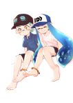  1boy 1girl absurdres anklet arm_support bangs barefoot baseball_cap black_headwear black_shorts blue_hairband blue_headwear blue_shirt blunt_bangs blush closed_mouth collared_shirt commentary_request domino_mask friendship_charm green_hair gym_shorts hairband hat hetero highres inkling jewelry leaning_forward logo long_hair maimo mask pointy_ears print_hat shirt short_hair shorts sitting smile splatoon_(series) t-shirt tentacle_hair very_long_hair white_shirt yellow_eyes 