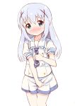  1girl aqua_eyes bangs blue_hair blue_neckwear blush collarbone embarrassed eyebrows_visible_through_hair flat_chest gochuumon_wa_usagi_desu_ka? hair_ornament hand_up have_to_pee kafuu_chino long_hair looking_at_viewer miniskirt necktie nose_blush open_mouth pleated_skirt puffy_short_sleeves puffy_sleeves ratryu school_uniform shiny shiny_hair shirt short_sleeves simple_background skirt skirt_grab solo standing thigh_gap white_background white_shirt white_skirt x_hair_ornament 