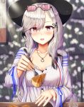  1girl alternate_costume azur_lane bangs blush breasts buranketo_2 butterfly_hair_ornament cleavage day dress dunkerque_(afternoon_aphrodite)_(azur_lane) dunkerque_(azur_lane) eyebrows_visible_through_hair eyewear_on_head giving grey_hair hair_ornament hat highres jacket jewelry large_breasts long_hair looking_at_viewer necklace sidelocks sitting solo sunglasses tinted_eyewear white_dress white_jacket 
