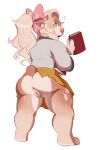  2019 anthro anus blonde_hair blue_eyes blush book bottomwear bow butt clothing female hair holding_object igiveyoulemons looking_back mammal pissy shirt simple_background skirt solo standing surprise thick_thighs topwear ursid white_background 