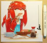  1girl blue_dress bracelet breasts chopsticks dress eating fish_girl food head_fins jewelry lips long_hair marker_(medium) mipha multicolored multicolored_skin neck_ring no_eyebrows omar_dogan photo red_skin rolling_eyes sashimi signature small_breasts solo soy_sauce the_legend_of_zelda the_legend_of_zelda:_breath_of_the_wild traditional_media tuna white_skin yellow_eyes zora 