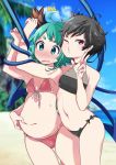  /\/\/\ 2girls ahoge animal_ears arms_up bandeau bare_arms bare_shoulders beach bikini black_bikini black_hair blue_sky blue_wings blurry blurry_background blush bound bound_legs breasts cloud commentary_request cowboy_shot day front-tie_bikini front-tie_top green_eyes green_hair hand_up highres houjuu_nue kasodani_kyouko looking_at_viewer multiple_girls namauni navel no_nose nose_blush o3o ocean one_eye_closed open_mouth outdoors palm_tree pink_bikini plump pointy_ears red_eyes short_hair side-tie_bikini sky small_breasts standing stomach sweat swimsuit thick_eyebrows thighs touhou tree w wings 