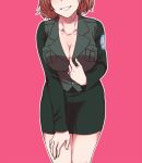  1girl azumi_(girls_und_panzer) bangs black_jacket black_skirt breasts brown_hair cleavage commentary cowboy_shot emblem facing_viewer girls_und_panzer hand_on_own_thigh head_out_of_frame jacket jacket_pull large_breasts leaning_forward long_sleeves military military_uniform miniskirt no_shirt outline parted_lips pencil_skirt pink_background pulled_by_self selection_university_(emblem) selection_university_military_uniform short_hair skirt smile solo standing torinone uniform white_outline 
