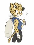  2019 5_fingers anthro ash_(yeahbeezii) athletic beezii bottomwear cheetah clothing eyebrows felid feline female fingers fist fur hand_wraps hi_res hoodie inner_ear_fluff looking_back mammal red_eyes sandbag simple_background smile solo spots spotted_fur topwear white_background wraps 