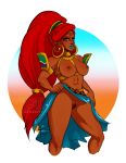  abs blue_eyes breasts breath_of_the_wild ear_piercing female gerudo hair hi_res humanoid humanoid_pointy_ears jewelry long_hair looking_at_viewer mostly_nude muscular muscular_female nintendo nipple_piercing nipples not_furry piercing pubes pussy red_hair simple_background soushiyo the_legend_of_zelda urbosa video_games 