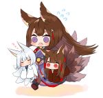  3girls akagi_(azur_lane) amagi_(azur_lane) animal_ears azur_lane bangs black_kimono blunt_bangs breasts brown_hair choker eyeliner eyeshadow fox_ears fox_girl fox_tail hair_ornament japanese_clothes kaga_(azur_lane) kimono kitsune large_breasts long_hair makeup multiple_girls multiple_tails purple_eyes putimaxi red_eyes red_skirt skirt tail thick_eyebrows white_kimono wide_sleeves 