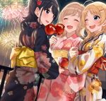  3girls absurdres ahoge bangs black_hair black_kimono blonde_hair blue_eyes blush bow breasts candy_apple character_request commentary_request eyebrows_visible_through_hair fireworks flower food hair_flower hair_ornament hairclip highres idolmaster idolmaster_shiny_colors japanese_clothes kimono kurokin long_hair long_sleeves multiple_girls night one_eye_closed outdoors pink_kimono red_flower small_breasts yellow_bow 