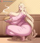  big_breasts breast_squish breasts cleavage clothed clothing crouching drakthug elf female food gandg hi_res huge_breasts humanoid mature_female pie solo squish 