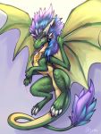  2019 4_toes claws dragon female feral green_scales hair hi_res horn membrane_(anatomy) membranous_wings oksara purple_background purple_eyes purple_hair scales scalie signature simple_background smile solo toes western_dragon wings 