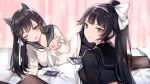  2girls animal_ears atago_(azur_lane) atago_(school_daydream)_(azur_lane) azur_lane black_hair black_legwear blush bow breasts brown_eyes cellphone extra_ears eyebrows eyebrows_visible_through_hair eyelashes eyes_visible_through_hair hair_between_eyes hair_ornament hair_ribbon high_ponytail highres ji_yue long_hair long_sleeves looking_at_viewer looking_back mole mole_under_eye multiple_girls one_eye_closed pantyhose phone ribbon school_uniform smartphone smile takao_(academy_romantica)_(azur_lane) takao_(azur_lane) white_bow 