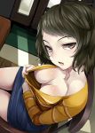  1girl breasts brown_eyes brown_hair downblouse from_above half-closed_eyes highres kawakami_sadayo large_breasts long_sleeves looking_at_viewer nemu_(nebusokugimi) no_bra open_mouth persona persona_5 shirt short_hair sitting skirt solo yellow_shirt 