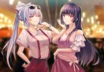  2girls artist_name bangs black_hair blurry blurry_background bow breasts cleavage commentary_request cowboy_shot dated earrings eyebrows_visible_through_hair eyewear_on_head frilled_sleeves frills fujiwara_no_mokou grin hair_bow hand_on_hip hand_up houraisan_kaguya jewelry kevn long_hair looking_at_viewer medium_breasts miniskirt multiple_girls off-shoulder_shirt off_shoulder parted_lips pink_shirt ponytail red_eyes red_skirt shirt short_sleeves signature silver_hair skirt smile standing sunglasses suspender_skirt suspenders touhou very_long_hair watch white_bow white_shirt wristwatch 