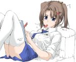  1girl blue_eyes blue_neckwear blue_skirt breasts brown_hair couch dress_shirt elf_(stroll_in_the_woods) hair_ornament highres lying lyrical_nanoha mahou_shoujo_lyrical_nanoha_strikers medium_breasts mouth_hold necktie on_back on_couch pen pen_in_pocket pencil_skirt ponytail shirt skirt solo thighhighs thighs translation_request white_legwear x_hair_ornament yagami_hayate 