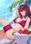  1girl arm_behind_head arm_up bangs bare_shoulders beach beach_chair bikini bk201 blue_sky breasts cleavage closed_mouth eyewear_on_head fate/grand_order fate_(series) flower food fruit hair_between_eyes hair_intakes heart heart-shaped_eyewear hibiscus highres knee_up large_breasts leg_garter long_hair looking_at_viewer navel palm_tree pink_bikini purple_hair red_eyes scathach_(fate)_(all) scathach_(swimsuit_assassin)_(fate) sitting sky smile solo sunglasses swimsuit table thighs tree watermelon 