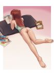  1girl ass bag_of_chips bare_legs bare_shoulders barefoot border butt_crack chips english_commentary evangelion:_2.0_you_can_(not)_advance evangelion:_3.0_you_can_(not)_redo food full_body gradient gradient_background hair_ornament highres jeff_macanoli magazine neon_genesis_evangelion no_panties orange_hair pillow rebuild_of_evangelion red_background simple_background skinny solo souryuu_asuka_langley tan_background tank_top twintails white_border 