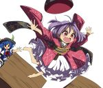  2girls ahoge barefoot blouse blue_hair crate falling food fruit hand_on_hip hat hat_loss highres hinanawi_tenshi japanese_clothes kimono leaf long_hair looking_to_the_side multiple_girls obi open_mouth outstretched_arms outstretched_hand peach petticoat puffy_short_sleeves puffy_sleeves purple_hair pushing red_eyes sash shope short_hair short_sleeves sidelocks simple_background spread_arms sukuna_shinmyoumaru tears touhou very_long_hair white_background white_blouse 