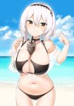  1girl alternate_costume alternate_eye_color azur_lane bangs beach between_breasts bikini black_bikini black_choker blue_sky blurry blurry_background breasts bubble_tea bubble_tea_challenge choker cleavage closed_mouth cloud cloudy_sky commentary_request condensation copiz cup day disposable_cup drinking_straw eyebrows_visible_through_hair foreshortening front-tie_top hair_between_eyes hair_intakes hands_up highres huge_breasts lace-trimmed_hairband legs_apart looking_at_viewer navel o-ring o-ring_bikini o-ring_top ocean off_shoulder outdoors pointing pointing_at_self revision sand scrunchie sheer_clothes shiny shiny_skin short_hair single_bare_shoulder sirius_(azur_lane) sirius_(midsummer_seirios)_(azur_lane) skindentation sky smile solo standing swimsuit thighs wet wet_clothes wet_hair wet_swimsuit white_hair white_scrunchie wrist_scrunchie yellow_eyes 
