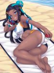  1girl absurdres alternate_breast_size armpits ass bare_legs bare_shoulders barefoot beach bikini black_hair blue_eyes blue_hair breasts commentary dark_skin day english_commentary fast-runner-2024 feet forehead gloves grin hair_ornament highres holding holding_poke_ball large_breasts long_hair looking_at_viewer lying multicolored_hair on_side outdoors poke_ball poke_ball_(generic) pokemon pokemon_(game) pokemon_swsh purple_gloves rurina_(pokemon) sand single_glove smile soles solo swimsuit tankini two-tone_hair very_long_hair water watermark web_address white_bikini wristband 