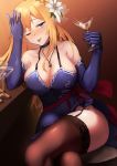  1girl :p bangs bare_shoulders blonde_hair blue_dress blue_eyes blue_gloves blush breasts brown_legwear choker cleavage collarbone crossed_legs cup dress elbow_gloves eyebrows_visible_through_hair garter_straps girls_frontline gloves hair_between_eyes highres holding holding_cup large_breasts lodbyy long_hair looking_at_viewer mosin-nagant_(girls_frontline) sash sidelocks sitting smile solo thighhighs tongue tongue_out 