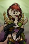  2019 4_fingers anthro armor brown_hair brown_sclera captainzepto cobra female fingers forked_tongue grey_eyes hair long_tail looking_at_viewer magic_the_gathering masturbation reptile scalie signature simple_background snake solo tongue 