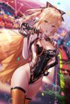  artoria_pendragon_(all) blonde_hair breasts bubble cleavage clothes_hanger colorful fate/grand_order fate_(series) food green_eyes junpaku_karen looking_at_viewer plant pocky public race_queen racetrack racing racing_suit rainbow saber_lily thighs 