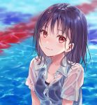  1girl check_copyright fukahire_(ruinon) looking_at_viewer original pool purple_hair red_eyes see-through solo swimsuit swimsuit_under_clothes translucent wet 
