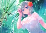  1girl absurdres bangs bikini bikini_under_clothes blue_eyes blue_hair breasts carnelian collarbone flower hair_ornament hamakaze_(kantai_collection) highres kantai_collection large_breasts looking_at_viewer outdoors rain scan see-through shirt silver_hair solo swimsuit water wet wet_clothes wet_hair wet_shirt white_bikini white_shirt 