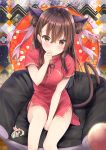  1girl :o animal_ears bangs between_legs blurry blurry_foreground blush breasts brown_eyes brown_hair cat_ears cat_girl cat_tail china_dress chinese_clothes commentary_request depth_of_field double_bun dress fake_animal_ears hair_between_eyes hair_ribbon hand_between_legs hand_up highres looking_at_viewer maruma_(maruma_gic) original parted_lips pink_ribbon red_dress ribbon short_dress short_sleeves signature sitting small_breasts solo tail wooden_floor 