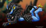  clothing conditional_dnp female goo_creature looking_at_viewer luxray lying nintendo pok&eacute;mon pok&eacute;mon_(species) rubber rubber_suit simple_background trunchbull video_games 