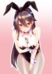  1girl alternate_costume animal_ears bare_shoulders between_breasts black_hair black_leotard blush breasts brown_eyes bunny_ears bunny_girl bunnysuit commentary_request detached_collar embarrassed fake_animal_ears fishnet_pantyhose fishnets hair_ornament hairclip haruna_(kantai_collection) kantai_collection kyougoku_touya large_breasts leotard long_hair nose_blush panties panties_removed pantyhose solo strapless strapless_leotard striped striped_panties sweat underwear white_panties wrist_cuffs 