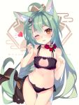  1girl ahoge akashi_(azur_lane) animal_ears azur_lane bangs bell bell_choker blush bow bra breasts cat_cutout cat_ear_panties cat_ears cat_lingerie choker cleavage_cutout cowboy_shot eyebrows_visible_through_hair frilled_bra frills green_hair hair_between_eyes hair_bow head_tilt jingle_bell lingerie long_hair looking_at_viewer meme_attire navel one_eye_closed open_mouth panties paw_pose shirokitsune side-tie_panties small_breasts smile solo underwear underwear_only very_long_hair yellow_eyes 