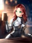  1girl alcohol armor beer beer_mug breastplate commentary eyebrows_visible_through_hair eyes_visible_through_hair fantasy gigamessy green_eyes looking_to_the_side medium_hair original plate_armor red_hair smile solo 