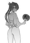  1girl :3 absurdres ass blush fan fundoshi highres japanese_clothes kantai_collection long_hair looking_back monochrome nikonikosiro paper_fan simple_background solo translation_request twintails white_background zuikaku_(kantai_collection) 