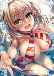  1girl ahoge bangs bare_shoulders bikini blush breasts collarbone criss-cross_halter fate/grand_order fate_(series) green_eyes hair_between_eyes hair_intakes halterneck highres jewelry large_breasts long_hair looking_at_viewer moze nero_claudius_(fate)_(all) nero_claudius_(swimsuit_caster)_(fate) open_mouth red_bikini smile solo striped striped_bikini swimsuit twintails 