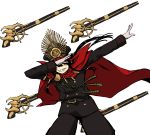  1boy belt belt_buckle black_hair buckle cape dab_(dance) fate/grand_order fate_(series) floating floating_weapon fumafu gloves gun hat highres medium_hair oda_nobunaga_(fate) red_cape shaded_face simple_background smile teeth weapon white_background white_gloves 