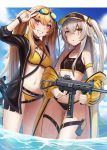  2girls ass_visible_through_thighs bikini black_bikini blush breasts brown_hair choker collarbone dakunesu feet_out_of_frame girls_frontline goggles goggles_on_head gun highres holster jacket long_hair medium_breasts multiple_girls navel scar scar_across_eye small_breasts smile submachine_gun swimsuit thigh_holster thighs twintails ump45_(girls_frontline) ump9_(girls_frontline) very_long_hair visor_cap weapon wristband yellow_bikini 